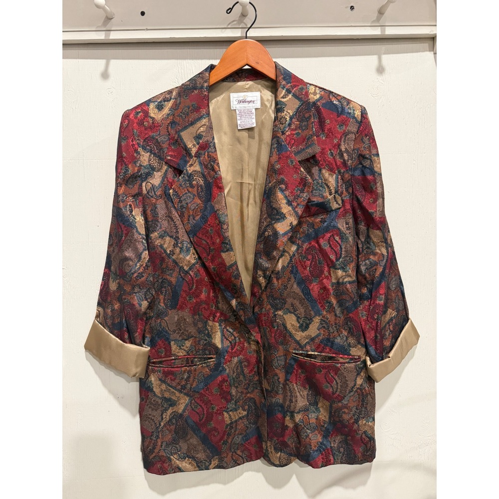 Vintage Worthington Paisley Tapestry Blazer Red Blue Gold Made in USA Size 14
